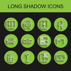 Set line Furniture nightstand with lamp, Floor, Wardrobe, Chest of drawers, Office desk and Library bookshelf icon. Vector