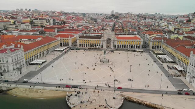 Lisbon, Portugal. Aerial view of Commerce Square and city skyline from the Tago River