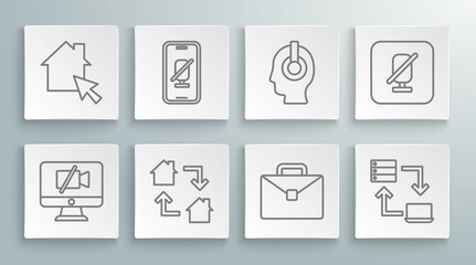 Set line Video camera Off on computer, Mute microphone mobile, Online working, Briefcase, Freelancer, and icon. Vector