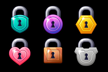 Game icon multicolored metal closed lock shapes square round and hearts. © babysofja