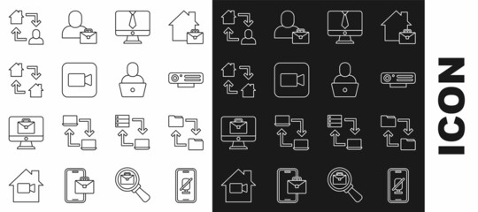 Set line Mute microphone on mobile, Cloud storage document folder, Web camera, Video chat conference, Camera, Online working, and Freelancer icon. Vector