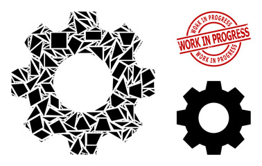 Simple geometric gear mosaic and Work in Progress grunge seal. Red seal has Work in Progress caption inside circle and lines shape. Vector gear icon collage is filled of scattered triangles,