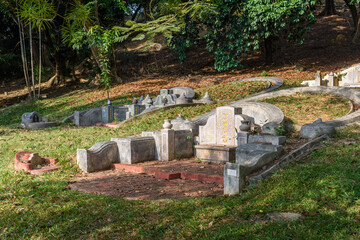 Chinese style grave in the Chinese graveyard on Bukit Cina (Chinese Hill), Malacca City, Malaysia.