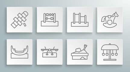 Set line Boat swing, Abacus, Seesaw, Sandbox with sand, Attraction carousel, Horizontal bar, Horse saddle and Hopscotch icon. Vector