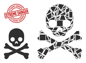 Simple geometric death skull mosaic and Extreme Danger textured stamp print. Red stamp seal contains EXTREME DANGER caption inside circle and lines form.
