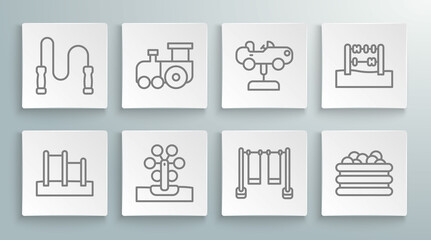 Set line Horizontal bar, Toy train, Ferris wheel, Double swing, Pool with balls, Swing car, Abacus and Jump rope icon. Vector