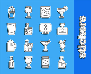 Set line Bottle of vodka with glass, Cocktail, Alcohol drink Rum, Glass whiskey, Beer bottle and beer can, Shot, and or bar location icon. Vector