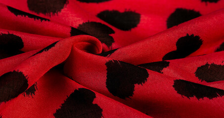 Texture, background, pattern, postcard, silk fabric, red fabric print from black hearts, your...