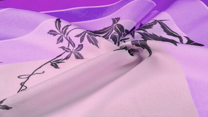 Texture, background, pattern, postcard, silk fabric, blue, lilac glaucous tones, black patterns with print, floral pattern, exquisite fabric will make your project the best