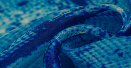 Background, texture, pattern, silk-white fabric with a pattern of blue squares of lines