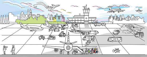 Hand drawn doodle aviation and tourism design concept. Black and white outline coloring page game. Monochrome line art.