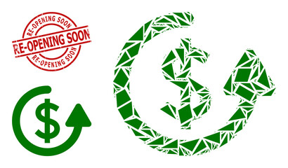 Simple geometric repeat payment mosaic and Re-Opening Soon corroded stamp print. Red stamp contains Re-Opening Soon caption inside round and lines template.