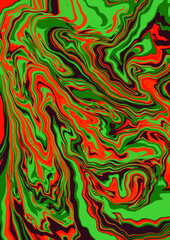 Fluid art texture. Abstract background with swirling paint effect. Liquid acrylic picture that flows and splashes. Mixed paints for interior poster. Green, orange and brown overflowing colors