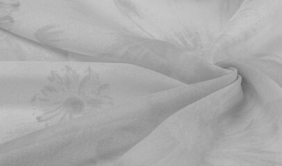 Background texture, white silk fabric with painted meadow flowers