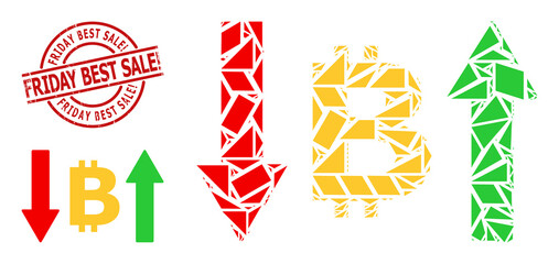 Simple geometric bitcoin volatility mosaic and FRIDAY BEST SALE! rubber stamp seal. Red stamp seal has Friday Best Sale! tag inside round and lines shape.