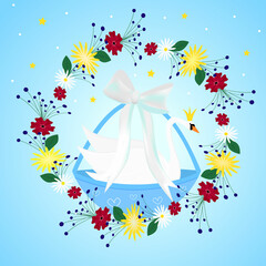 Swan prince in a blue basket with a bow and a frame of flowers background for a baby shower. Cute cartoon Vector illustration in flat style