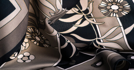 Texture, background, pattern, black silk with a print of white flowers, geometric lines. Introduces...