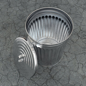 Silver trash can with open lid on asphalt, 3d render