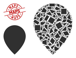 Simple geometric map marker mosaic and Maps scratched stamp seal. Red stamp contains Maps title inside circle and lines template. Vector map marker icon collage is filled with random triangles,