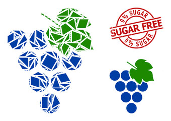 Simple geometric grape bunch mosaic and 0% Sugar Free textured stamp seal. Red stamp seal contains 0% Sugar Free tag inside circle and lines form.