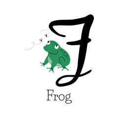 Capital letter F for Frog with little green frog chasing flies, childish alphabet with name of animal, hand drawn vector illustration