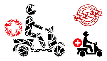 Simple geometric doctor motorbike mosaic and MEDICAL FRAUD grunge seal. Red stamp seal has Medical Fraud title inside round and lines template.