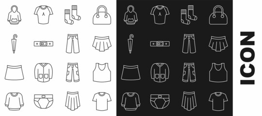 Set line T-shirt, Undershirt, Skirt, Socks, Belt, Umbrella, Hoodie and Pants icon. Vector