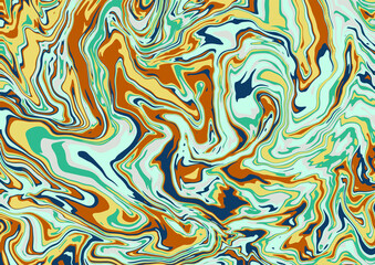 Fluid art texture. Abstract background with swirling paint effect. Liquid acrylic picture that flows and splashes. Mixed paints for interior poster. Brown, blue and yellow overflowing colors