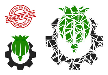 Simple geometric opium industry mosaic and ASSEMBLED WITH MIND grunge stamp print. Red stamp contains ASSEMBLED WITH MIND tag inside circle and lines form.