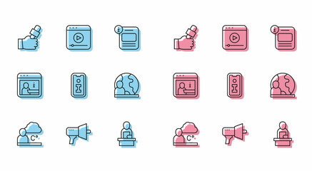 Set line Weather forecast, Megaphone, Journalist news, Breaking, Information, World, and Live stream icon. Vector