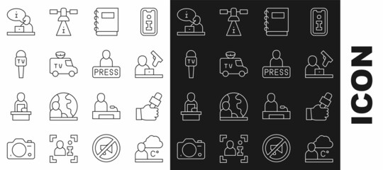 Set line Weather forecast, Journalist news, Crime, Notebook, TV News car, Microphone, Television report and icon. Vector