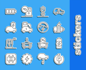 Set line Charging parking electric car, Battery charge, Electric motor, and Voltmeter icon. Vector