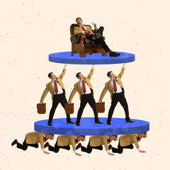 Creative design. Contemporary art collage of businessmen standing in pyramid according to work class hierarchy - obrazy, fototapety, plakaty