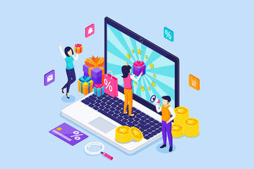 Customer reward concept. a young woman standing in front of a giant laptop is receiving a gift box from the Online Loyalty Program. Isometric Vector Illustration