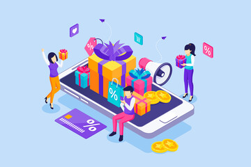 Group of happy people near a giant smartphone with Gift boxes, Rewards card points, Discounts, and Bonuses. Loyalty program and Customer reward concept. Isometric Vector Illustration