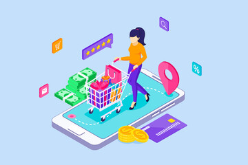 A young woman is shopping online and carrying a shopping cart on a giant smartphone. Mobile shopping concept. Isometric Vector Illustration