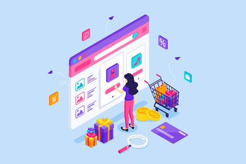 A Young Woman buys things in an online website store. Gift boxes, Credit cards, Shopping cart. Online shopping concept. Isometric Vector Illustration