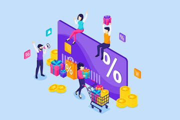 Happy people sitting on a giant discount loyalty card receiving a gift box, a man holding a megaphone is on promotion. Loyalty program and Customer reward concept. Isometric Vector Illustration