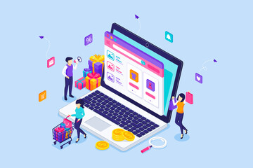 People are shopping online and buying things in an online store via a giant laptop. a young man use megaphone is promoting his stuff. Online shopping concept. Isometric Vector Illustration