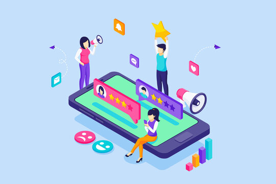 Young people near a big smartphone give reviews, feedback, and evaluation for a product or service. Customer experience and satisfaction concept. Isometric Vector Illustration