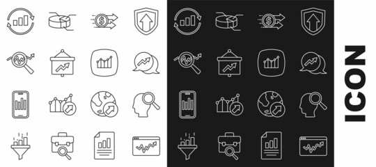 Set line Graph chart infographic, Search people, Financial growth, dollar, Board with, data analysis, and icon. Vector