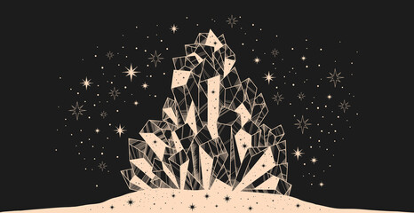 Vector shining precious magic crystal decorated with magician faceted stars light. Illustration Mystical esoteric symbol. Gothic pattern design print card, T-shirt. Light yellow on brown background