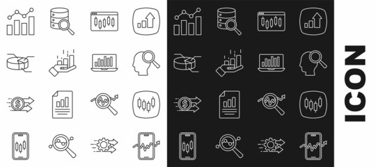 Set line Mobile stock trading, Browser with stocks market, Search people, Financial growth, Pie chart infographic, and Laptop icon. Vector