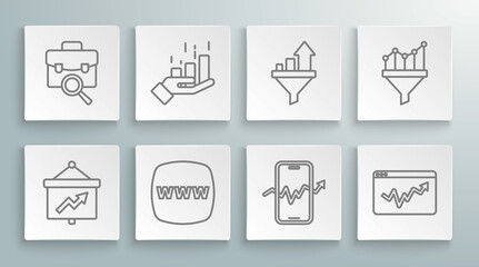 Set line Board with graph, Financial growth, Website template, Mobile stock trading, Graph chart infographic, Sales funnel, and Work search icon. Vector