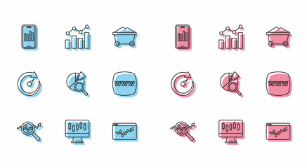 Set line Search data analysis, Stocks market growth graphs, Mobile with, Graph chart infographic, Website template, Digital speed meter and Financial icon. Vector