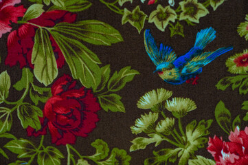 Cotton fabric, Wildflowers. Red-green-brown tones. Solemnly strict and laconic. Texture background...
