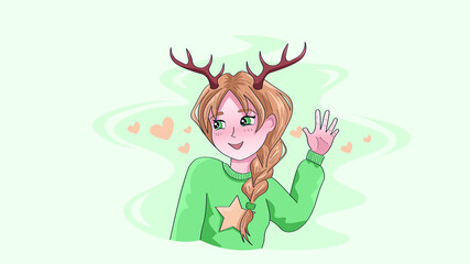 Cute anime girl says Hi! Wearing deer horn and cute sweater with a star.