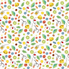 Seamless pattern with Christmas elements. Hand-drawn and isolated on a white background. Texture for wrapping paper, fabric, cards and invitations. 