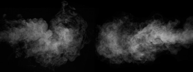 White horizontal smoke collection on black background. Fog or smoke set isolated on black background.
