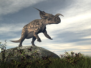 Einiosaurus dinosaur rearing on a rock - 3D render